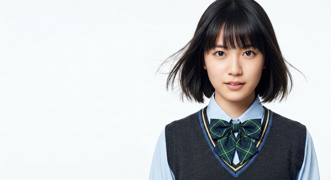 Young Asian Japanese female student in school uniform with short hair and calm expression looking at camera