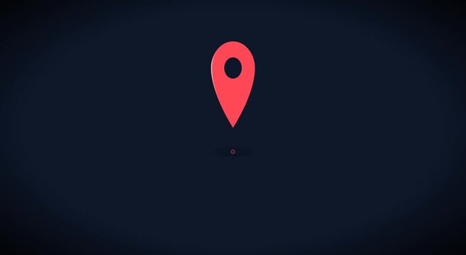 Animated red map location pin pulsing on dark animation background navigation