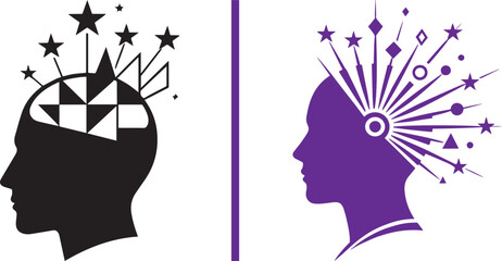 Human head profile silhouettes with stars and geometric shapes for creativity brainstorming and mental health vector icons © Muhammad