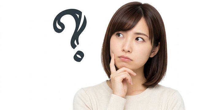 Thoughtful Asian woman pondering with question mark symbol indicating confusion or decision making