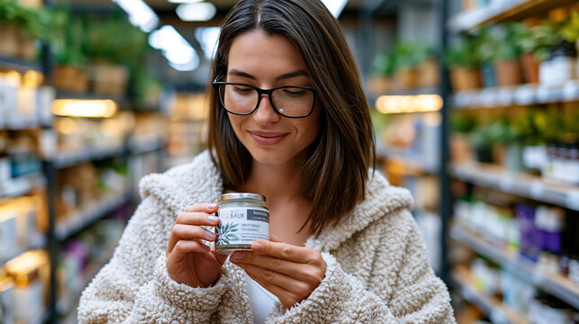 A wellness shopper in a natural grocery store holds up a glass jar of face balm reading the ingredient deck for parabens and synthetic fragrance, illustrating conscious clean beauty purchasing behav