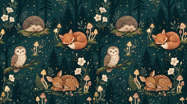 Moody Dark Forest Nursery Baby Animals Seamless Pattern Deep Teal Gold Dusty Rose