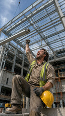 Fototapeta premium A construction worker in a yellow hard hat celebrates a successful lift at a construction site. The worker shows excitement and determination amidst a steel framework.