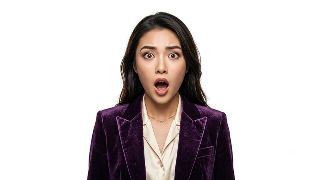 Shocked Asian woman with wide eyes and open mouth looking directly at camera in a purple velvet blazer on white