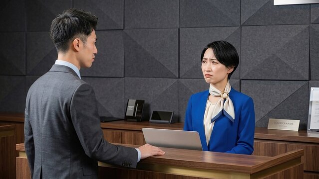 Asian hotel receptionist woman showing a displeased upset expression while talking to a male customer at a counter