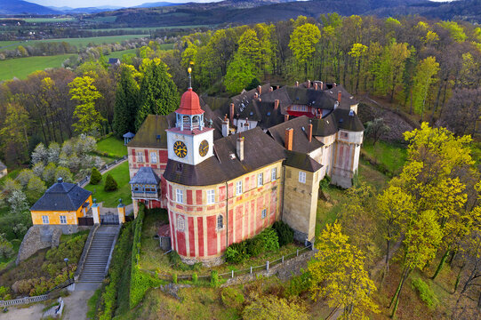 The state castle Jansky Vrch, former baroque residence of Bishop, the historical monument in the Rychleby mountain district, city of Javornik, Czech Republic