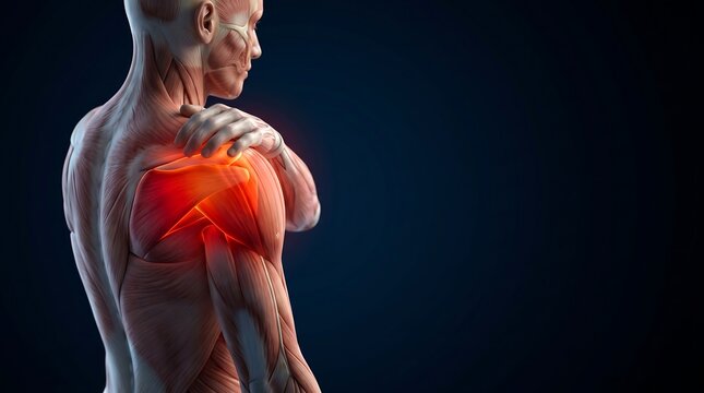 3D anatomical rendering of a human shoulder with highlighted pain in the deltoid muscle and rotator cuff area, showing muscles and bones, for human muscular system education.