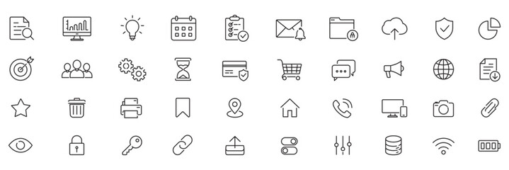 Fototapeta premium Office web icons set. Work place - simple thin line icons collection. Containing office building, workplace, business communication, business, company, work, and more. Simple web icons set