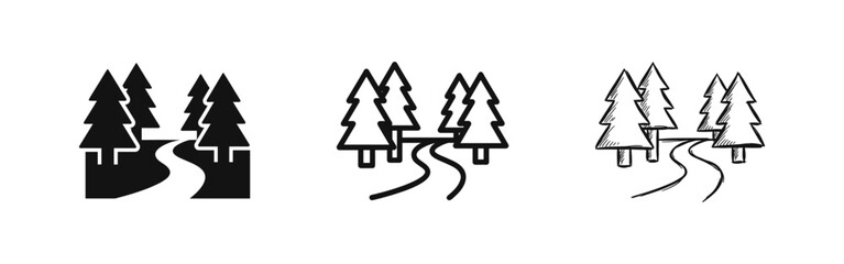 Fototapeta premium Forest Path and Trees Icon Set in Solid, Outline and Sketch Styles