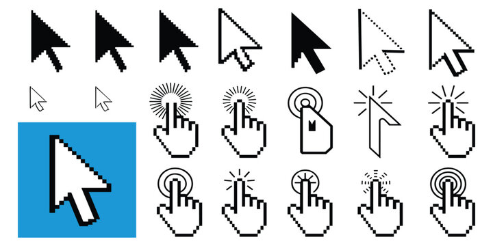Collection of computer cursor icons representing mouse pointers in various styles and forms