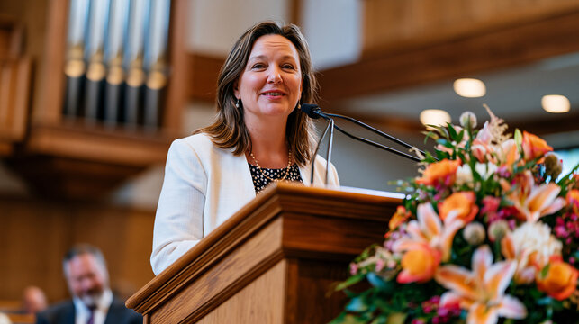 Evangelical pastor's wife preaching from the main pulpit during a Sunday morning service while her husband sits in the congregation, women clergy leadership evangelical church empowerment congregati