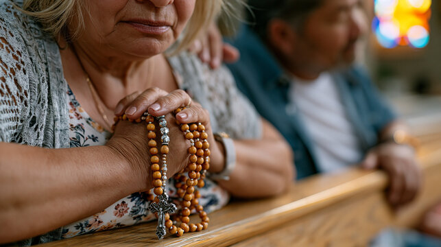 Grieving widow clutching prayer beads in the front pew of an empty church, sunlight falling on the coffin nearby, pastor sitting silently beside her with a hand on her shoulder, faith grief loss ber