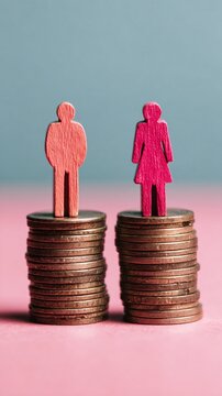 Gender pay gap concept with male and female figures standing on coin stacks, illustrating wage inequality and economic disparity between sexes