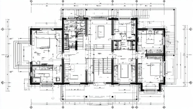 Detailed architectural blueprint of a multi-room residential building showing layout and structural design elements
