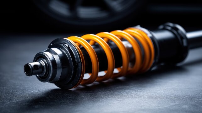 Close-up of an orange coilover suspension spring and shock absorber on a dark textured surface