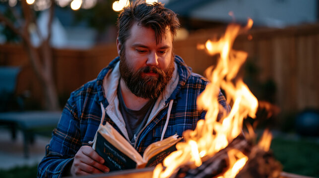 Man burning old prayer journals in a backyard fire pit at dusk, watching pages curl, expression bittersweet and released, faith deconstruction letting go spiritual transition personal transformation