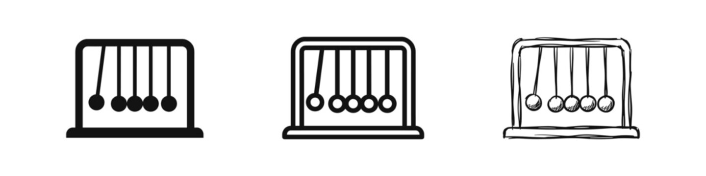 Newton's Cradle Icon Set - Physics and Momentum Symbol in Solid, Outline, and Sketch Styles
