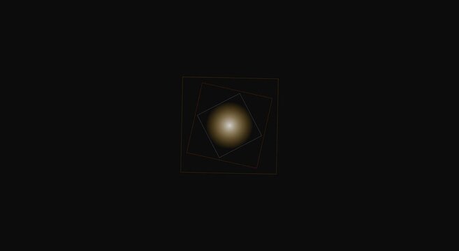 Minimalist abstract motion with rotating geometric squares and glowing golden sphere animation