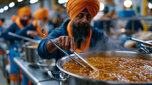 Sikh volunteers in bright turbans standing at steel prep tables inside a langar kitchen, stirring enormous pots of dhal, steam rising, community service faith seva selfless giving Sikhism gurdwara m