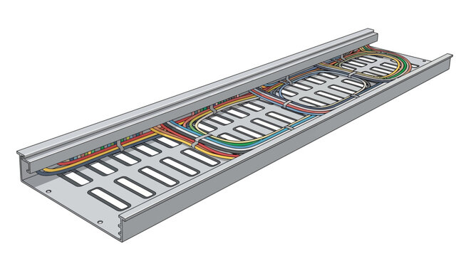 Industrial perforated cable tray with multi colored electrical wire routing system isometric vector illustration