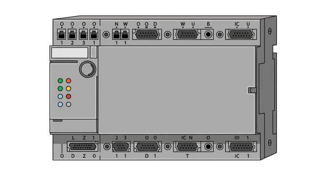 Programmable Logic Controller Unit for Industrial Automation Systems Featuring Modular I/O Ports and Status Indicator Lights