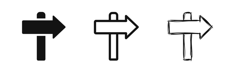 Direction signpost arrow icon set in flat, outline and hand-drawn sketch styles © drawing lines