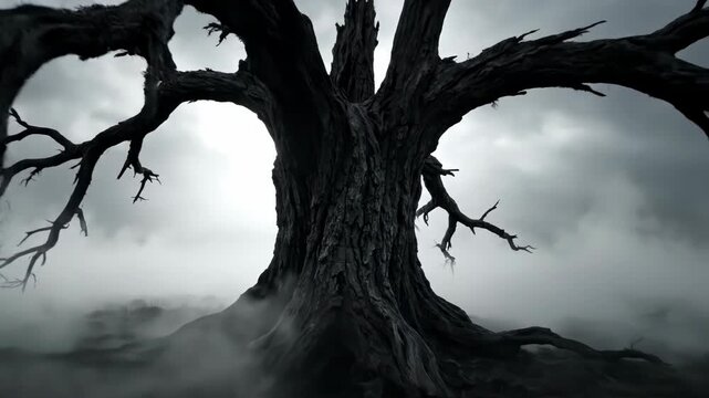 Silhouette of a large withered tree with gnarled bare branches standing in thick ground fog under a dramatic overcast sky. Dark atmospheric landscape with moody monochromatic tones.