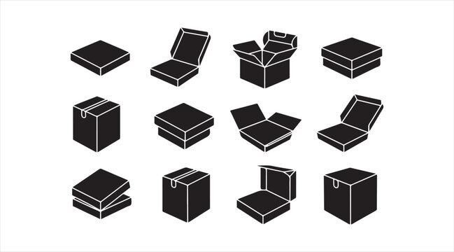 Cardboard carton and packaging box silhouette set featuring folding containers, parcel boxes and logistics symbols for shipping and warehouse design projects