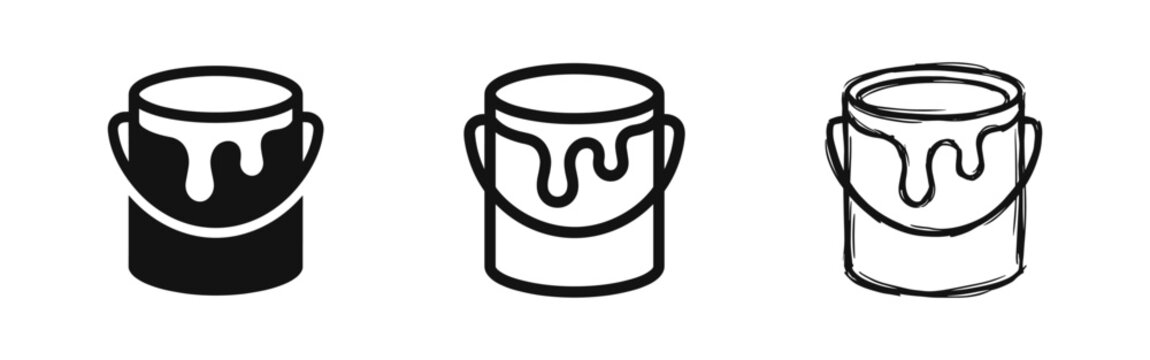 Paint bucket can icon set in flat, outline and hand-drawn sketch styles