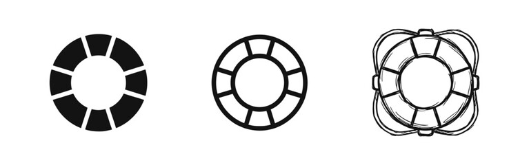 Lifebuoy rescue ring icon set with flat outline and sketchy styles for marine safety and support © drawing lines