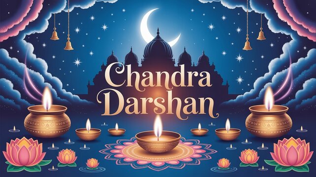 Beautiful lunar worship artwork blends lotus flowers temple silhouette and spiritual festive devotion gracefully.