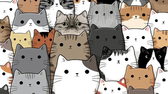 Adorable Kawaii Cat Faces Seamless Pattern, Cute Feline Characters, Whimsical Cartoon Style