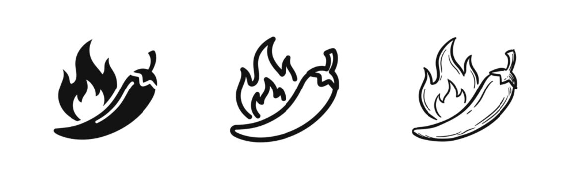 Hot chili pepper with fire icon set in flat outline and doodle styles for spicy food and cooking