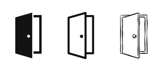 Open door icon set in flat outline and sketchy styles for entrance and exit symbols