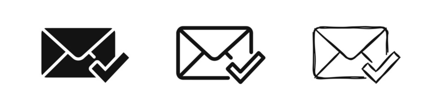 Email envelope with checkmark icon set for mail delivery and confirmation in various styles