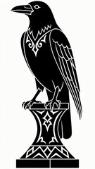 Obraz premium Stylized Black and White Raven Illustration on Ornamental Pedestal with Geometric Detailing