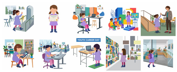 Fototapeta premium Youth Career Day Illustration Set Featuring a Little Girl Exploring Professional Office Environments and Future Careers