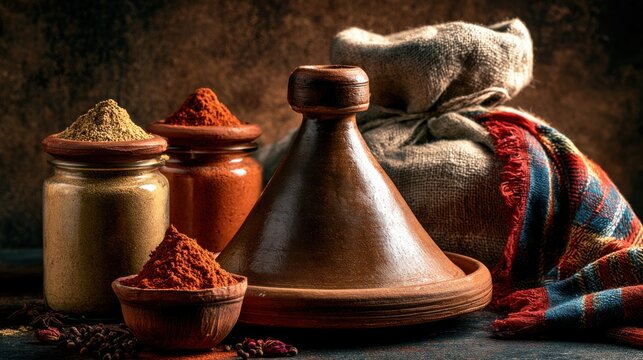 Tagine clay pots with spices arranged, earthy tagine surrounded by bowls of saffron cumin paprika on handwoven cloth, warm directional light enhancing textures and creating atmospheric culinary still