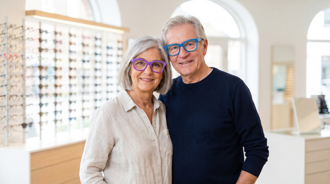 Elderly couple smiling while wearing stylish colorful glasses in an eyewear store. Bright and cheerful atmosphere showcasing various eyewear options.