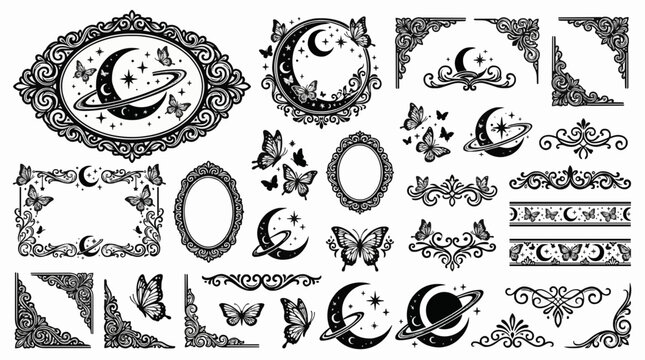 Luxury fantasy border and frame collection featuring crescent moon stars and butterfly silhouettes vector set