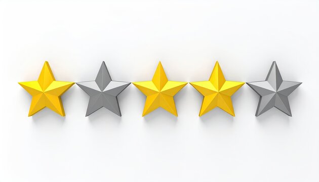 Three gold, two silver stars aligned on a white surface, casting soft shadows upward