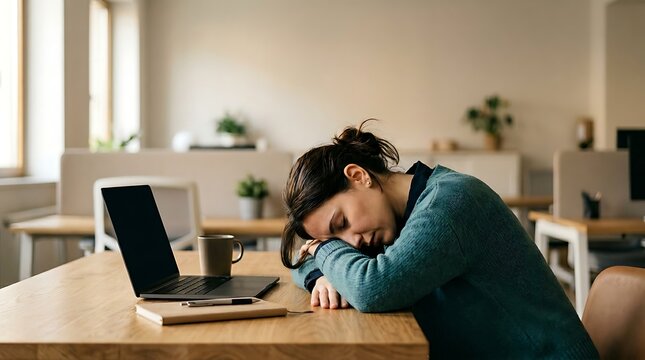 Tired Woman Napping at Desk with Laptop and Coffee in Cozy Office