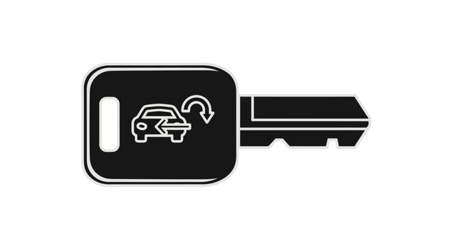 A black car key icon with a vehicle symbol on a white background
