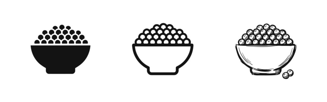Caviar bowl icons, fish roe or berry symbols in solid, outline, and hand-drawn sketch styles