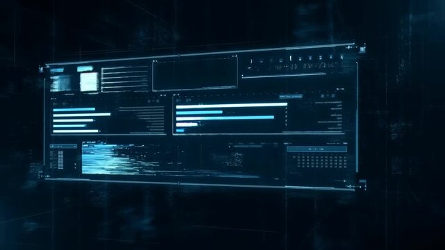 Tracking shot of futuristic data dashboard with glitching bars sliding across dark virtual interface environment