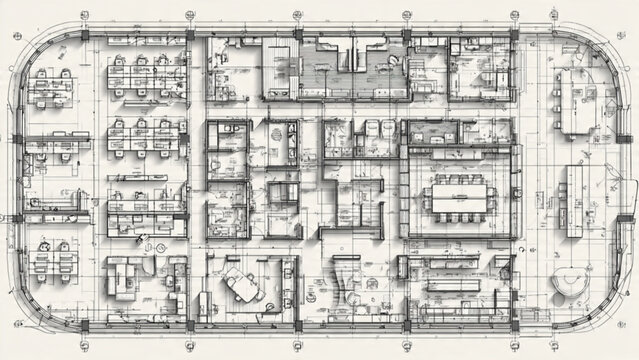 Architectural blueprint of a detailed office building floor plan with rooms and layout design