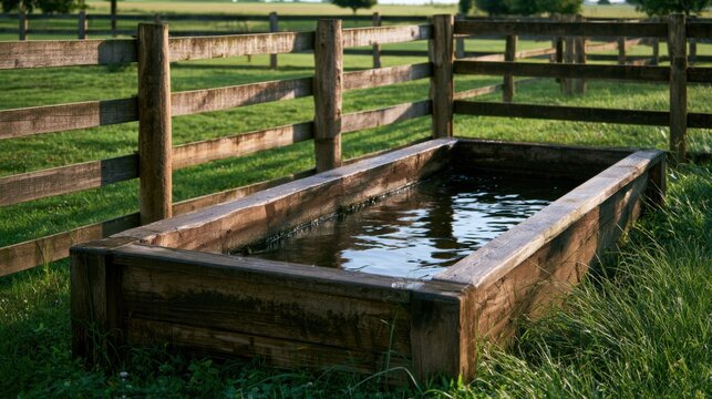 Sunlit wooden water trough in pasture, weathered timber tub filled with clear water reflecting fence rails and sky, morning light warming dewy grass, subtle algae along edges, livestock drinking