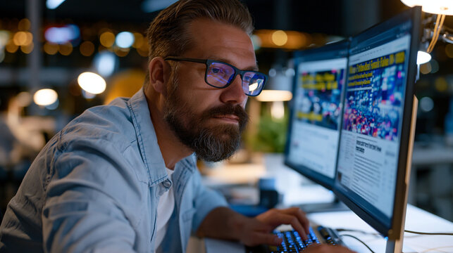 Young male journalist at a sterile white editing desk reviewing side-by-side screenshots on a monitor one real news article one fabricated viral version hands on keyboard capturing the daily forensi