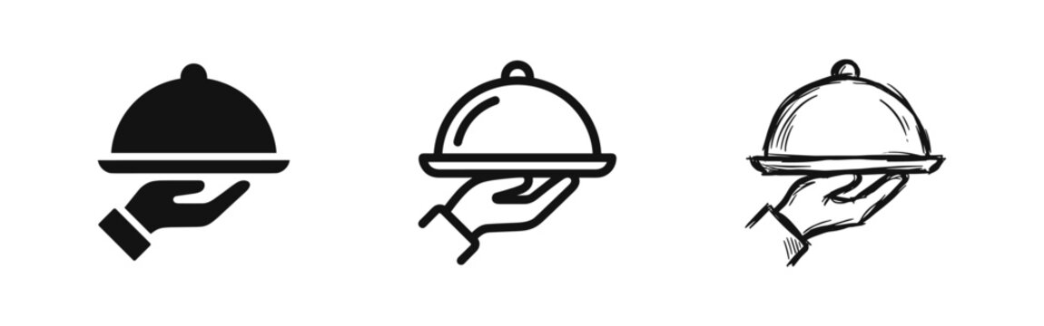 Serving tray icon set, cloche platter food service symbols in solid, outline, and hand-drawn sketch styles