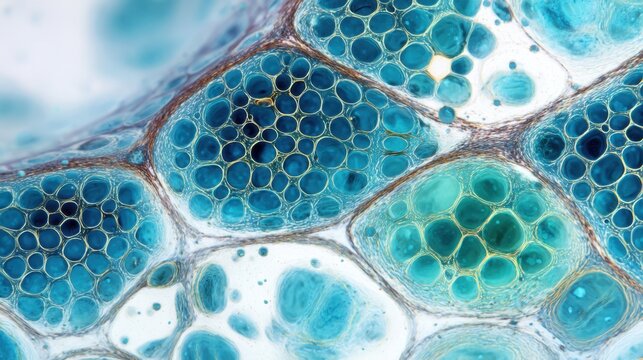 Vibrant turquoise plant cell mosaic, revealing vascular bundles, thick cell walls, and fluidfilled lumens, crisp focus on cell boundaries, soft blurred background, ideal for microscopist, educator,